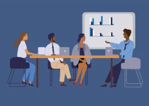 graphic depicting 4 board members having a meeting around a table with a chart in the background