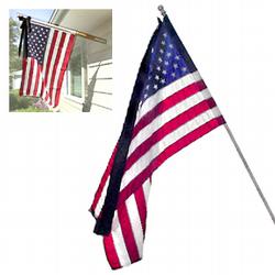 composite image showing American flag with black streamer representing mourning when it cannot be lowered to half staff